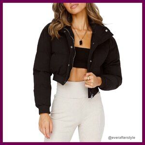 Cropped Puffer Jacket Stand Collar Zip Up Winter Padded Down Coats